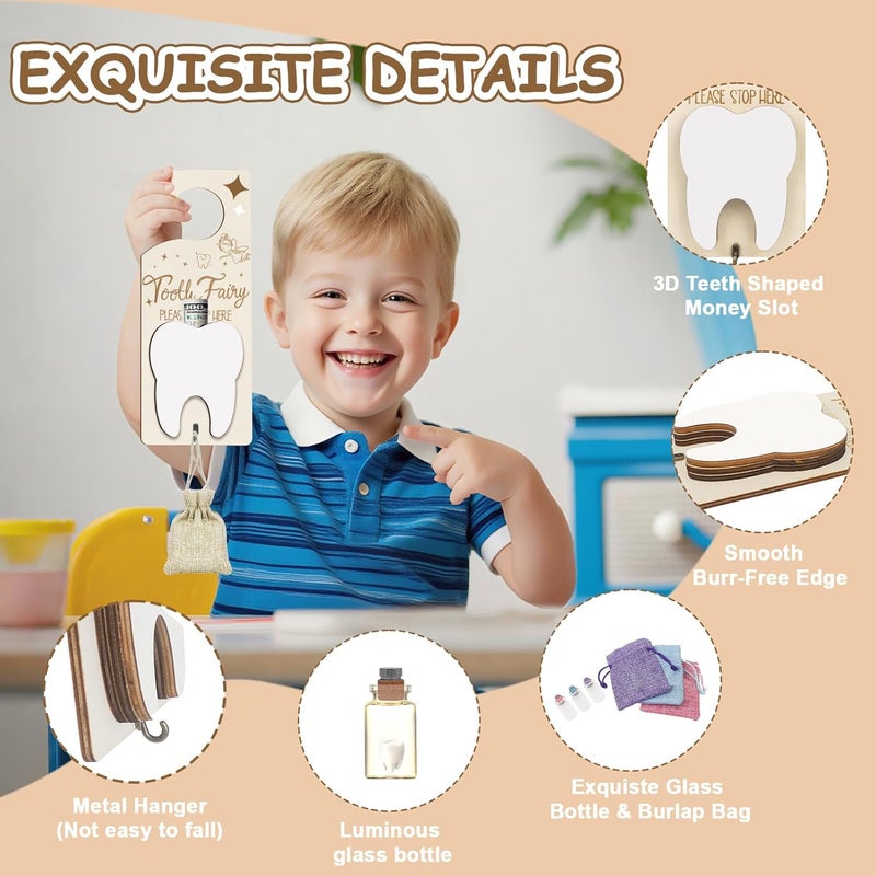 AINBIN Store Tooth Fairy Door Hanger, Tooth Fairy Tooth Holder Kit with Money Slot Keepsake Bottle Burlap Pouch & Upgrade Night Light, Wooden Encourage Gift for Kids Children Boys Girls Lost Teeth (Brown) - Image 4